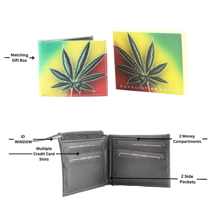 Leather Impressions Inc - Venta al por mayor Cartera - Hombre - Cartera Bifolio de Cuero Vegano con Hoja de Marihuana Rasta VL528