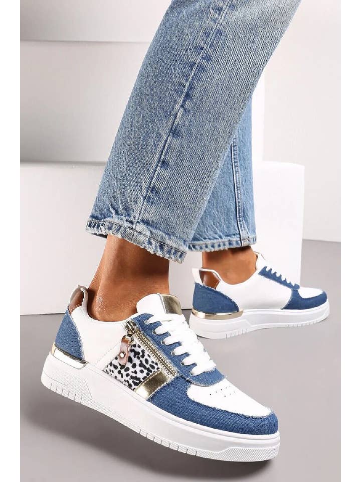 BLUE WHITE LACE UP ZIP DETAIL FLAT SNEAKERS TRAINERS for wholesale on Faire