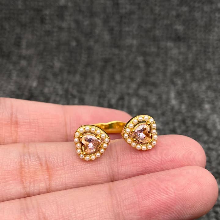 Double Heart CZ 18K Gold Plated S.Steel Adjustable Ring -FGS for wholesale by Mio Queena