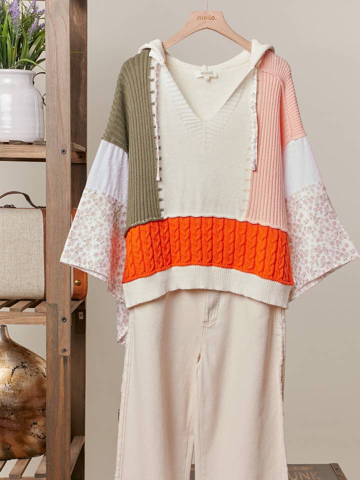 Color Block Crochet V Neck Hoodie for wholesale by Mello.