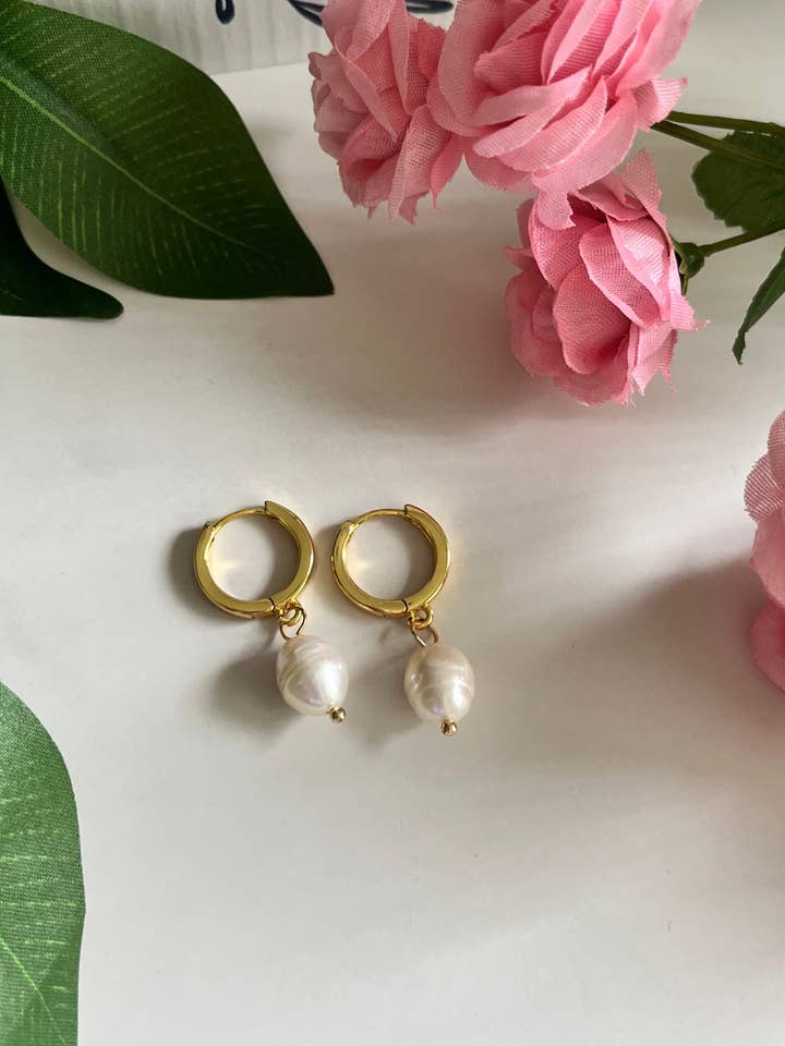 Valentine's Day 18K Gold Pearl Huggie Earrings – Christian for wholesale by Saved By Christ Design