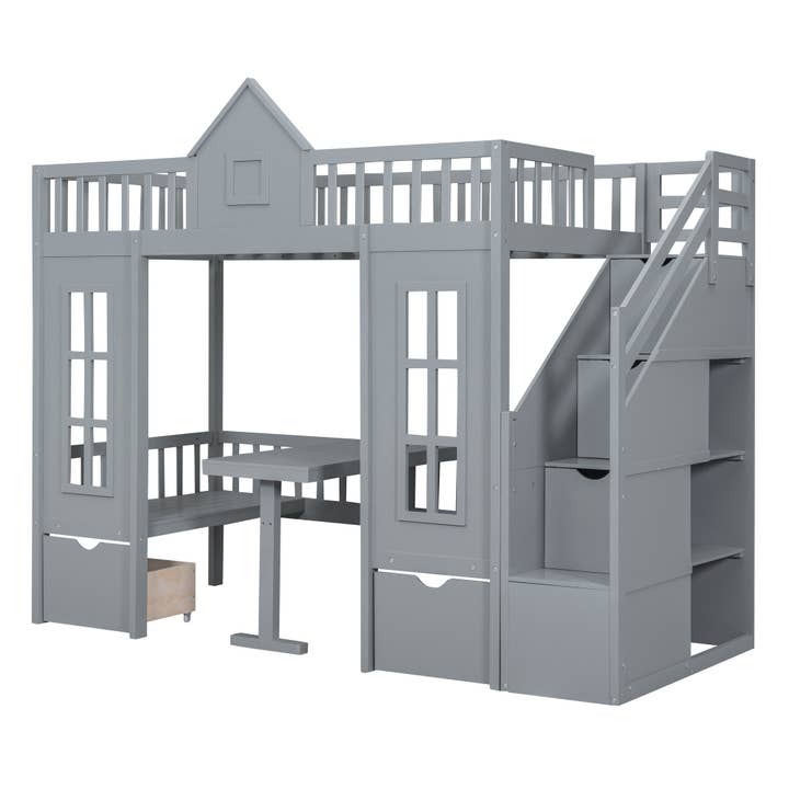 HomeRoots - Wholesale Bed - Gray Twin Over Twin Solid Wood Bunk Bed With Stairs And Desk And Drawers And Storage