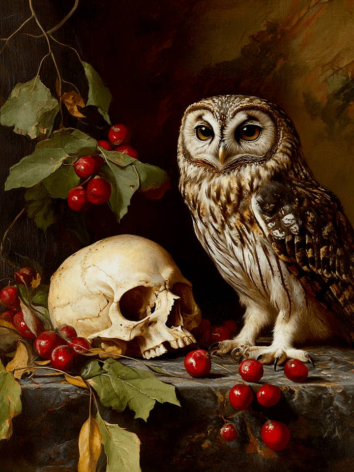 Vintage Owl and Skull Still-Life - Skull & Skeleton Art Prints - 8"x10" Art Print for 11"x14" Frame for wholesale by Mowbi