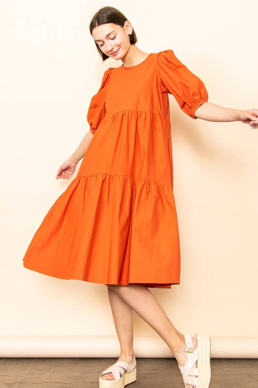 Elloh Collection - Wholesale Dress - Women's - SALE! Poplin Puff Sleeve Tiered Midi Dress with Pockets2
