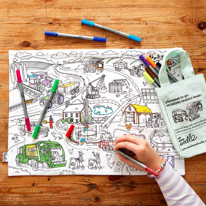 eatsleepdoodle - Wholesale Coloring Mat - Kids & Baby - DIY Coloring Kit - Cars, Trucks & Tractors Placemat to Go