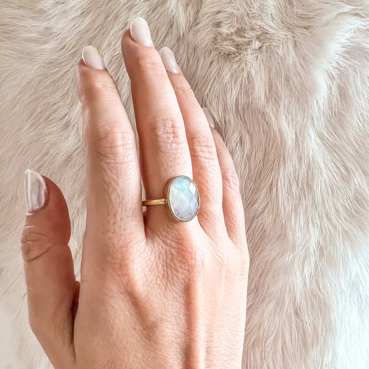 Baizaar - Wholesale Cocktail/Statement Ring - Simple Faceted Moonstone Brass Cocktail Ring2