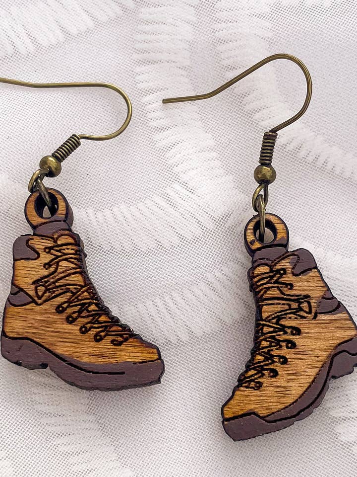 Take a Hike Wooden Hiking Boot Earrings for Outdoors for wholesale by Ak Daisy Chain