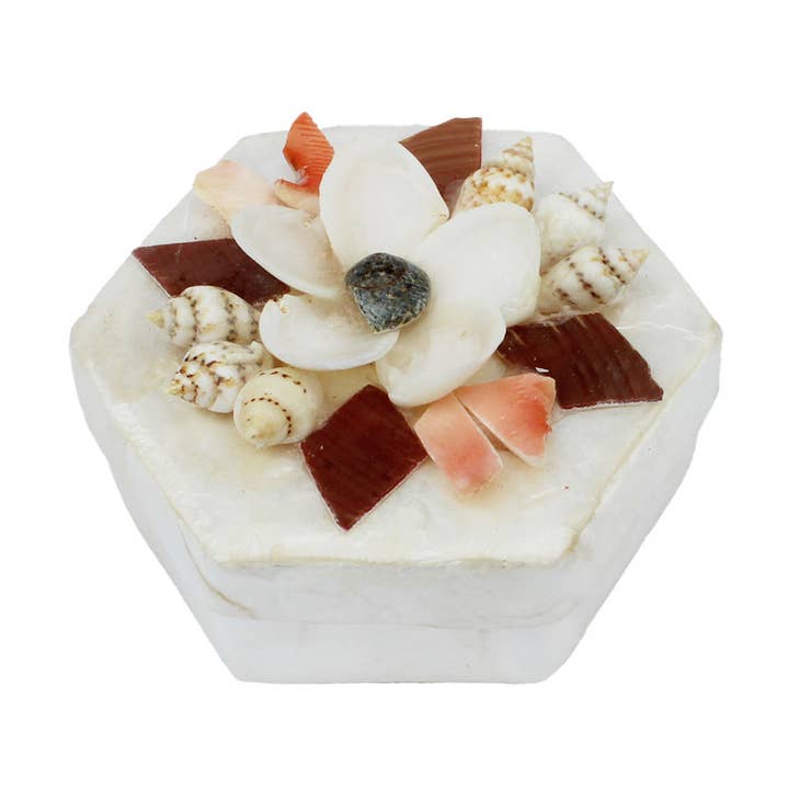 2" Hexagon Capiz Shell with Flower Design - Trinket Box for wholesale by California Seashell Company