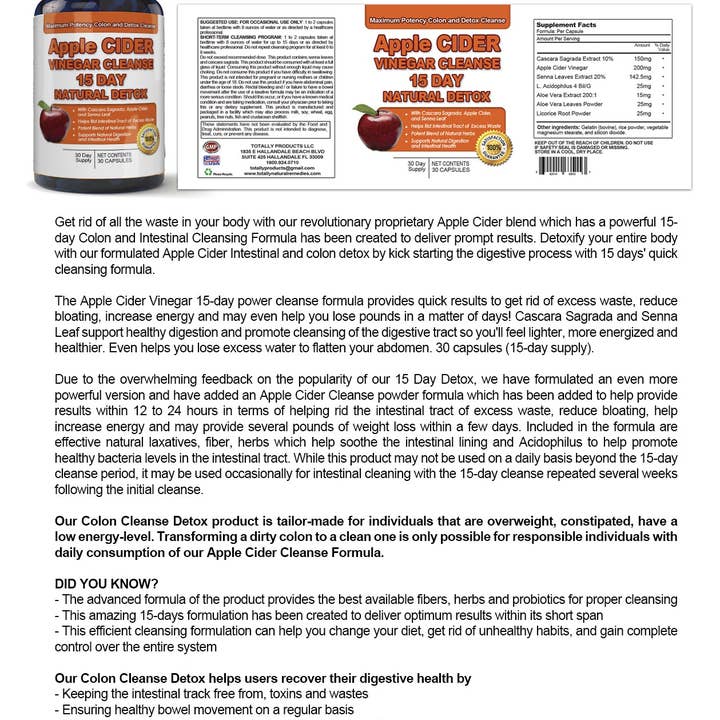 Apple Cider Vinegar Cleanse Natural Detox and Weight Loss (30 Capsules) for wholesale by Totally Products