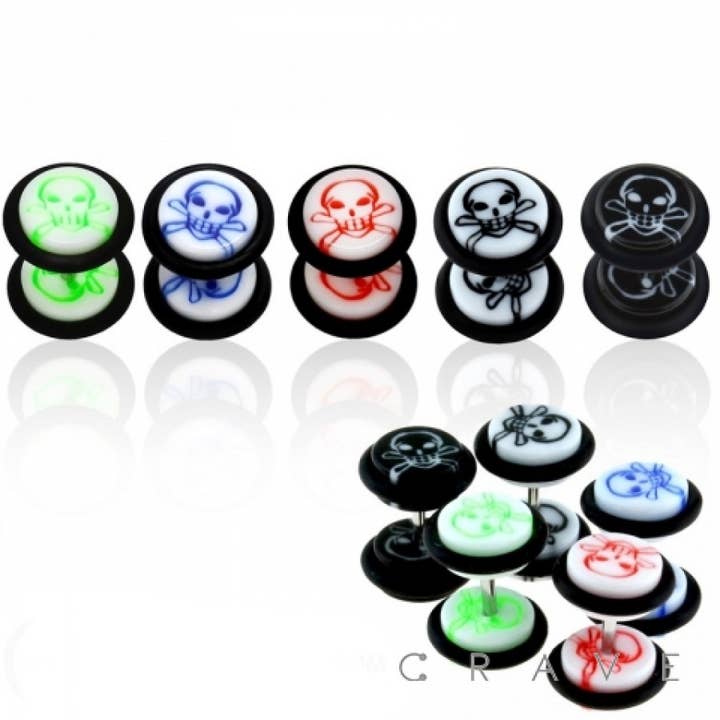 SKULL PRINT ACRYLIC FAKE PLUG W/ O-RINGS for wholesale by CRAVE BODY JEWELRY