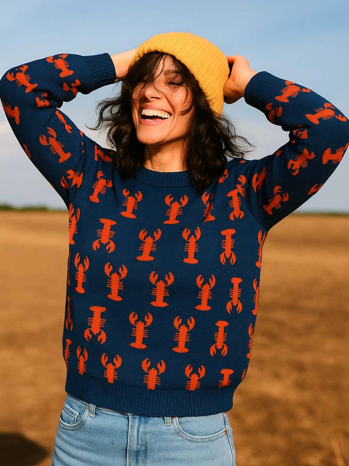 Hummer-Strickpullover (Blau/Koralle) für den Großhandel von Anorak