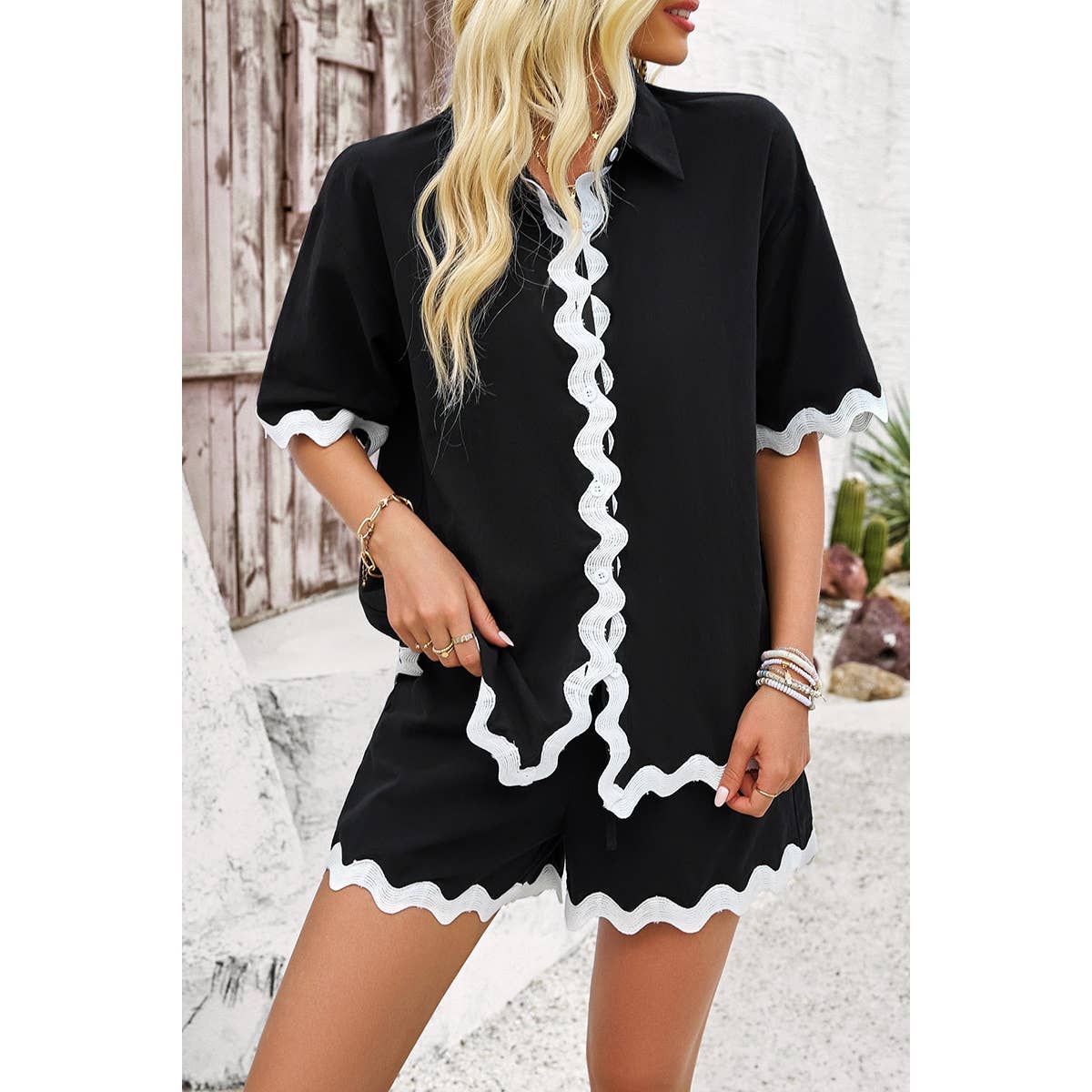 FUCHSIA Bølge Interlaced Linned Løs Pasform Shorts Sæt for engroshandel på Faire11