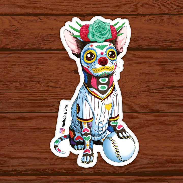 Day of the Dead Dog San Diego Baseball Chihuahua Sticker for wholesale by Nicholas Ivins Art & Illustration