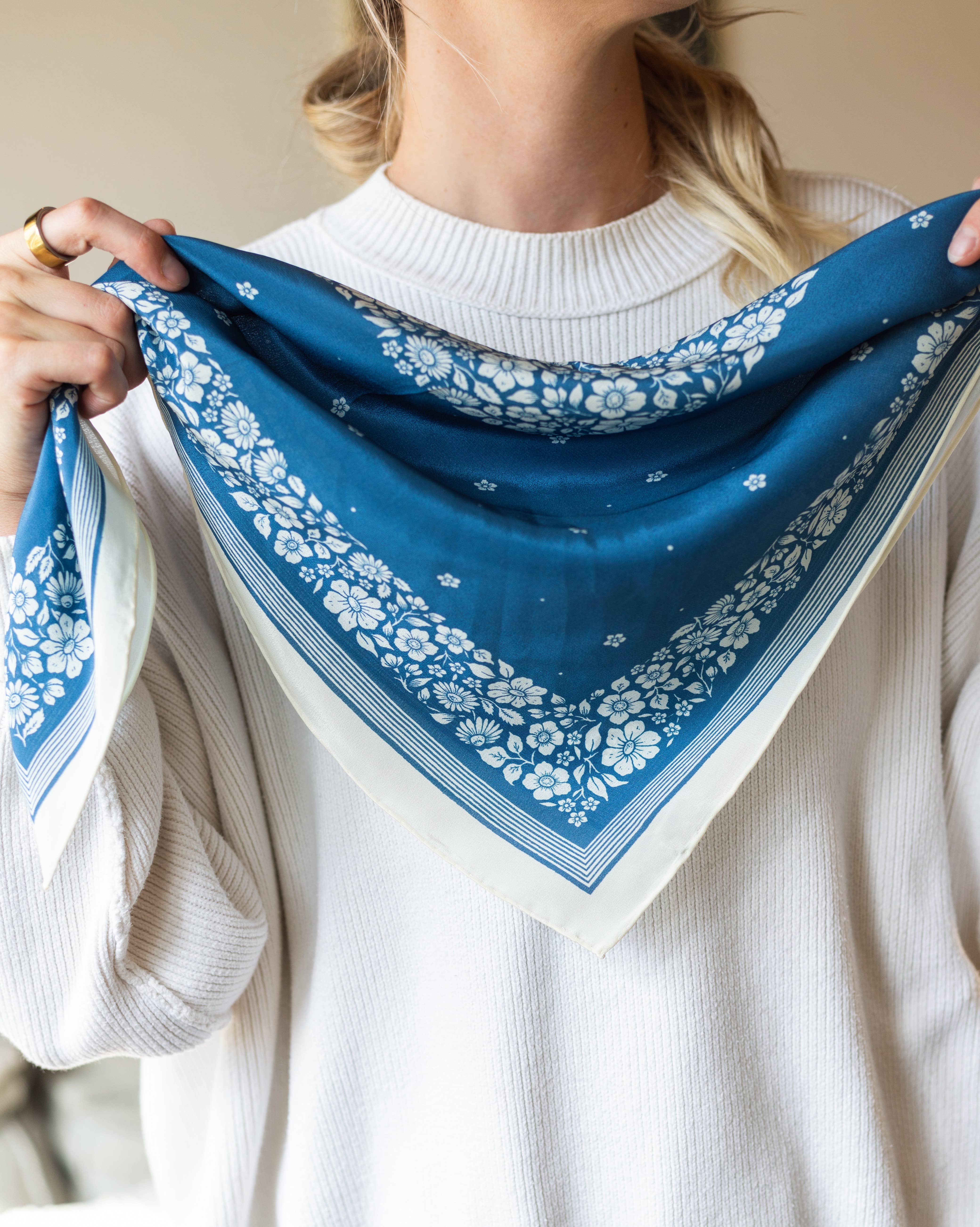 Flora West Design - Wholesale Bandana - Women's - 100% Silk Bandana Scarf -Santorini Floral China Blue Western3