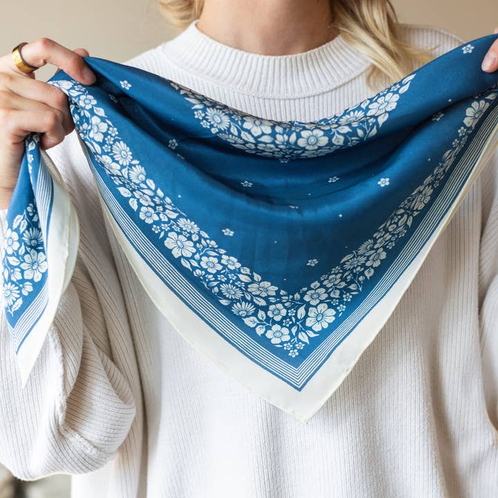 Flora West Design - Wholesale Bandana – Women's - 100% Silk Bandana Scarf -Santorini Floral China Blue Western3