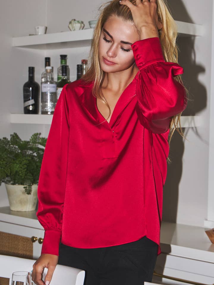 Oddi - Wholesale Blouse - Women's - Plus Satin Long Sleeve Collared Blouse