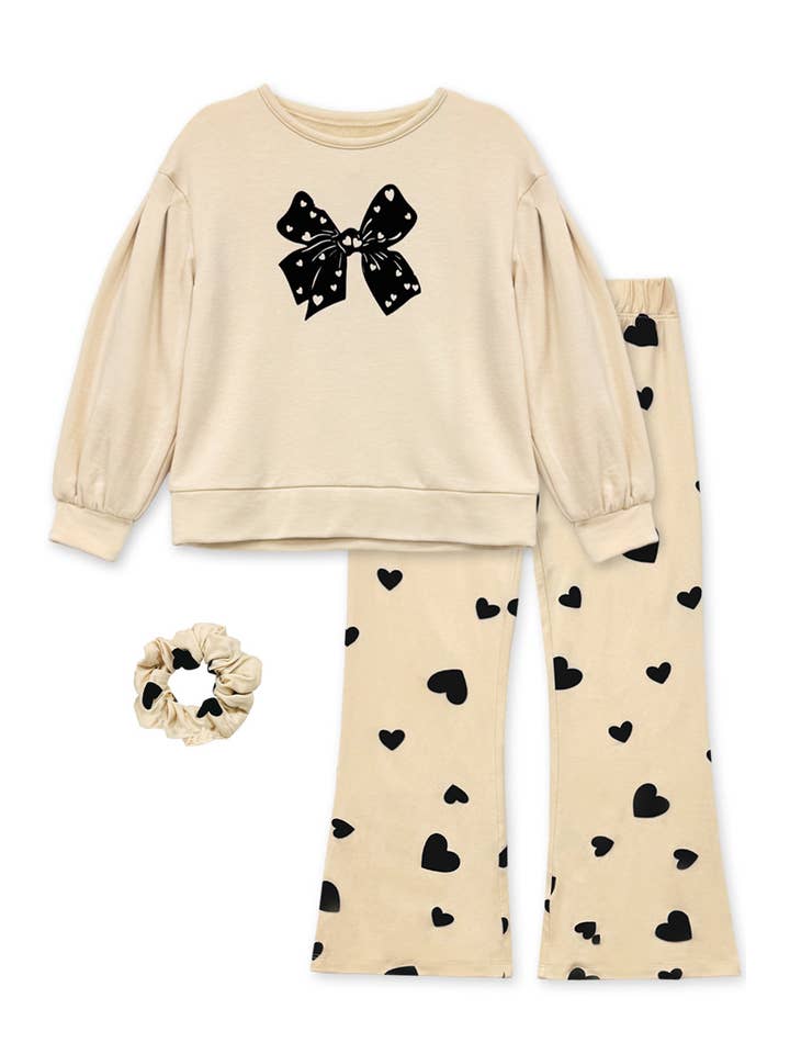Cutie Patootie Clothing - Wholesale Top & Pant Set - Kids - GKSS-Y24-3409B Girl's 2 pc Heart Flocking Set w/ Scrunchie