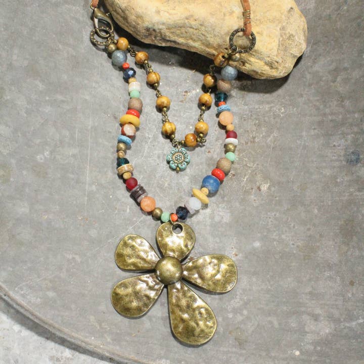 Fun In the Sun Flower Layered Leather Necklace for wholesale by The Primitive Peddler, Inc.