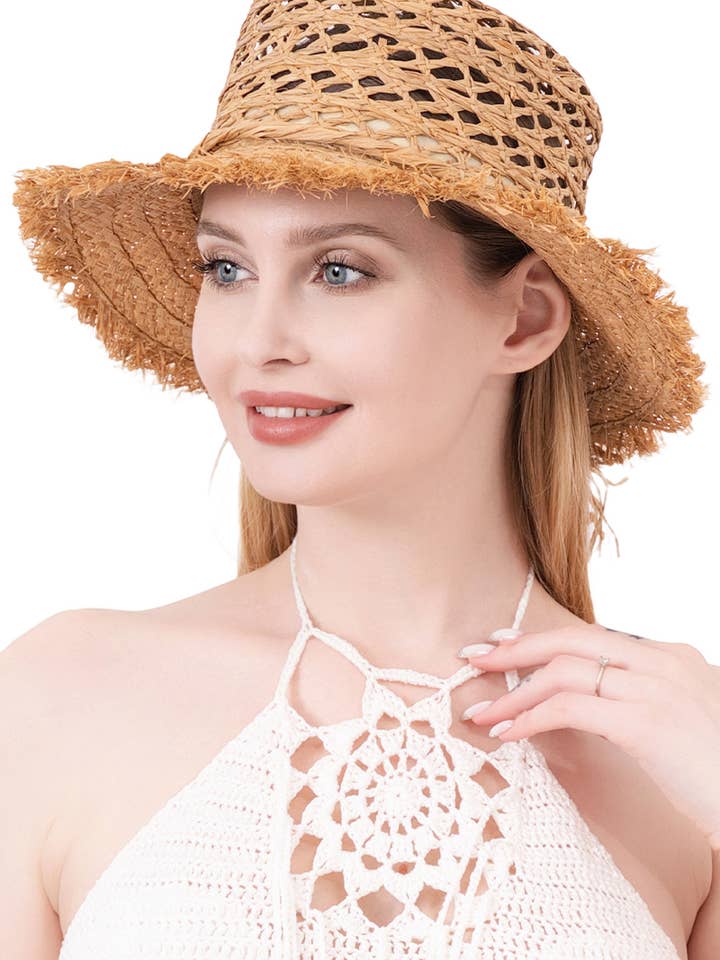 Pack and Go Crochet Natural Raffia Straw Beach Boater Hat for wholesale by Cap Zone