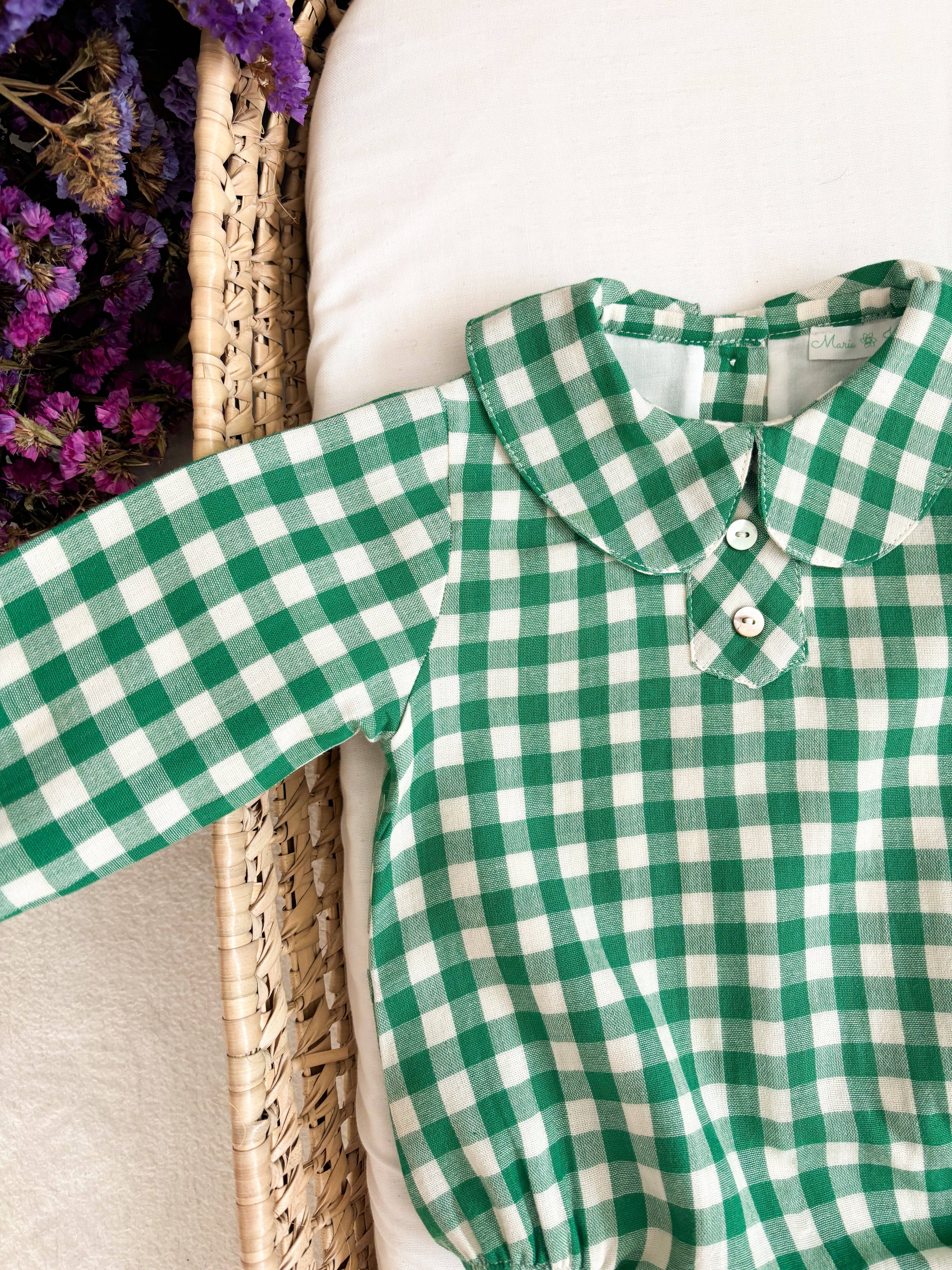 Maria Jasmim Baby & Child - Wholesale Bodysuit (Non-Footed) - Baby - Cute Peter Pan Collar Green Gingham1