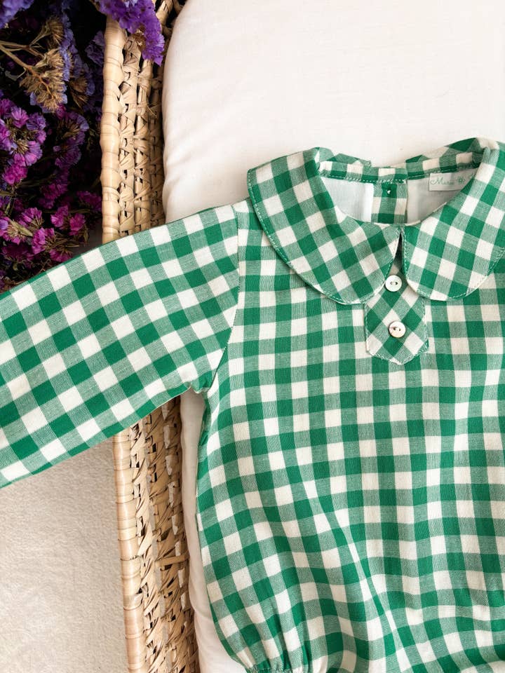 Maria Jasmim Baby & Child - Wholesale Bodysuit (Non-Footed) - Baby - Cute Peter Pan Collar Green Gingham1