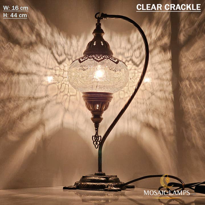 Mosaic Lamps - Wholesale Accent/Desk Lamp - Clear Crackle Glass Swan Neck Table Lamp, Ottoman Gooseneck