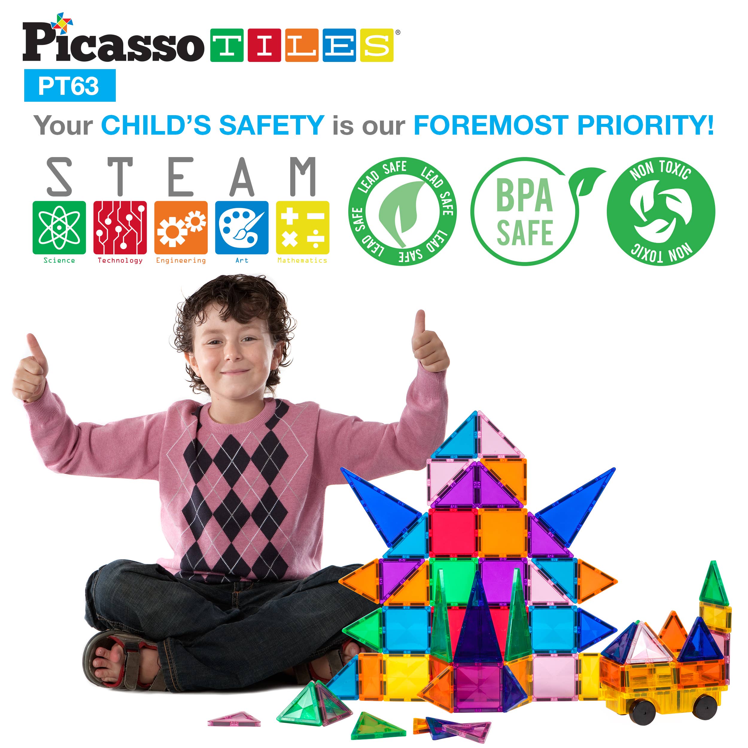PicassoTiles - Wholesale Building Set - Kids - PicassoTiles 63pc Magnetic Tile Building Set3