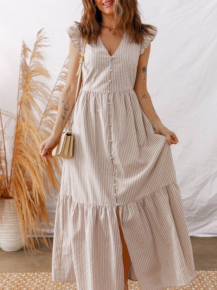 Khaki Stripe Flutter Sleeve Buttoned Front Slit Maxi Dress for wholesale by Shoppe247