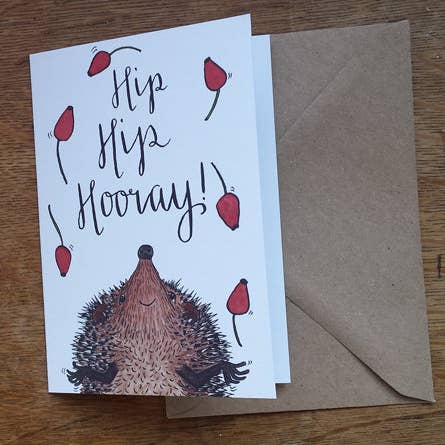 Hip Hip Hooray! Juggling Hedgehog Greeting Card, Blank inside for wholesale by Alice Draws The Line