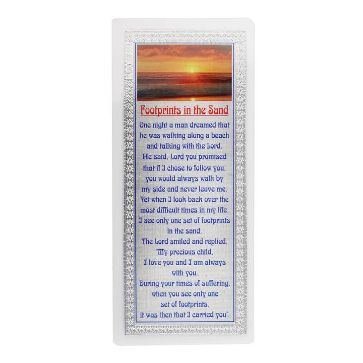 Footprints in the Sand Prayer Card with pure silver edges for wholesale by Mantra4u