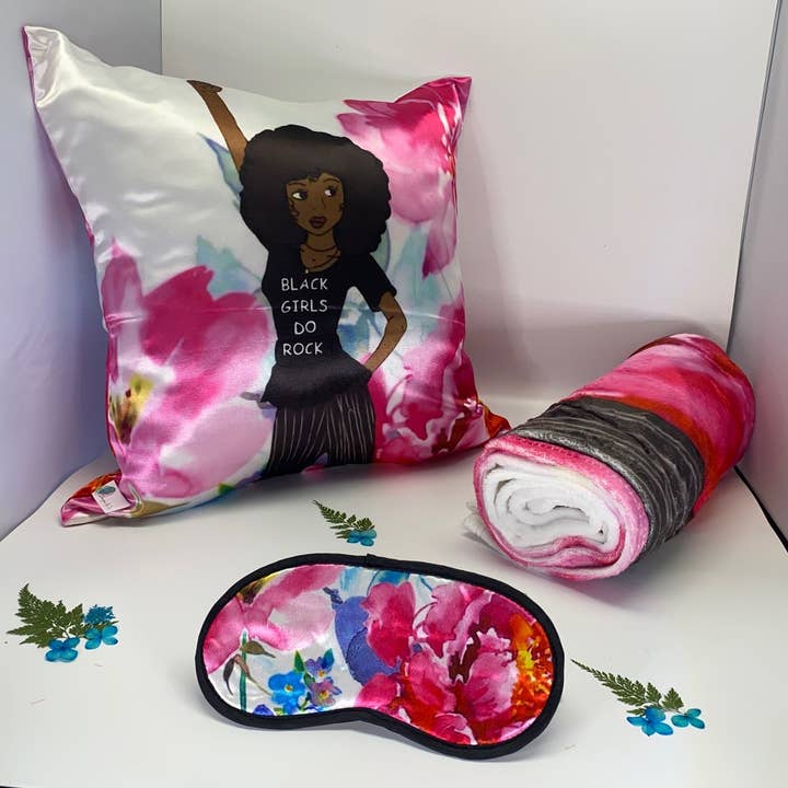 3 Piece Black Girls Rock Beautiful Pillowcase, EyeMask, Throw Blanket Bundle Lounge Set for wholesale by Designs By Dij