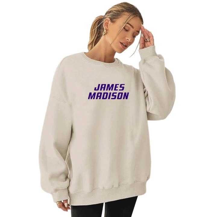 JMU Embroidered Taupe Crewneck for wholesale by Lojo Collegiate Apparel
