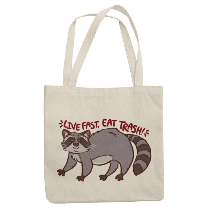 Live Fast Eat Trash Raccoon Tote Bag for wholesale by Lucky Mfg. Co.
