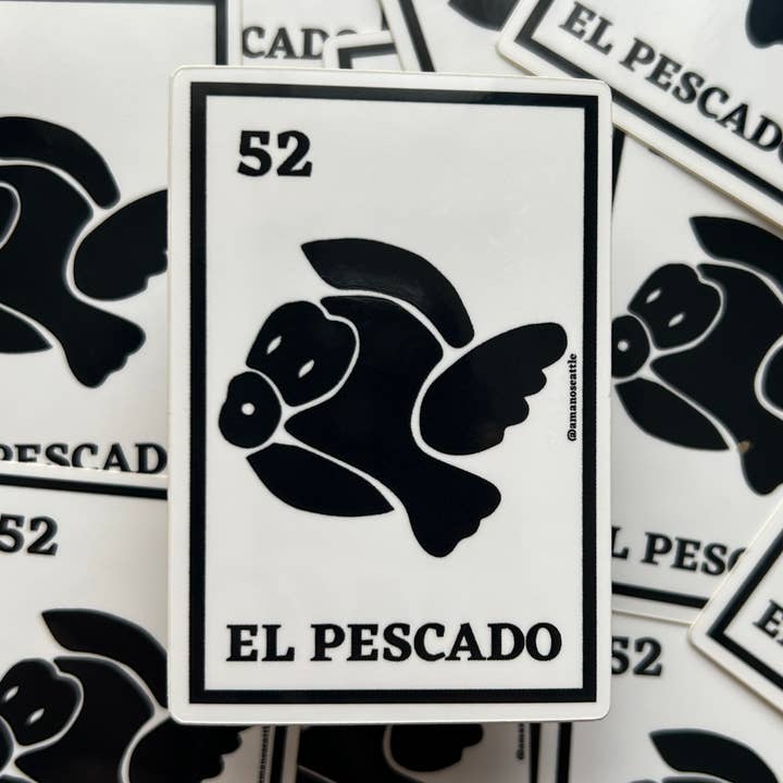 El Pescado the fish loteria Super Mario sticker for wholesale by Amano Seattle