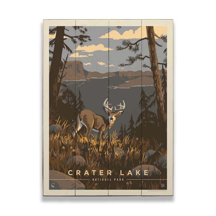 Crater Lake : Cerf au crépuscule - Art mural en bois et métal pour la vente par Old Wood Signs