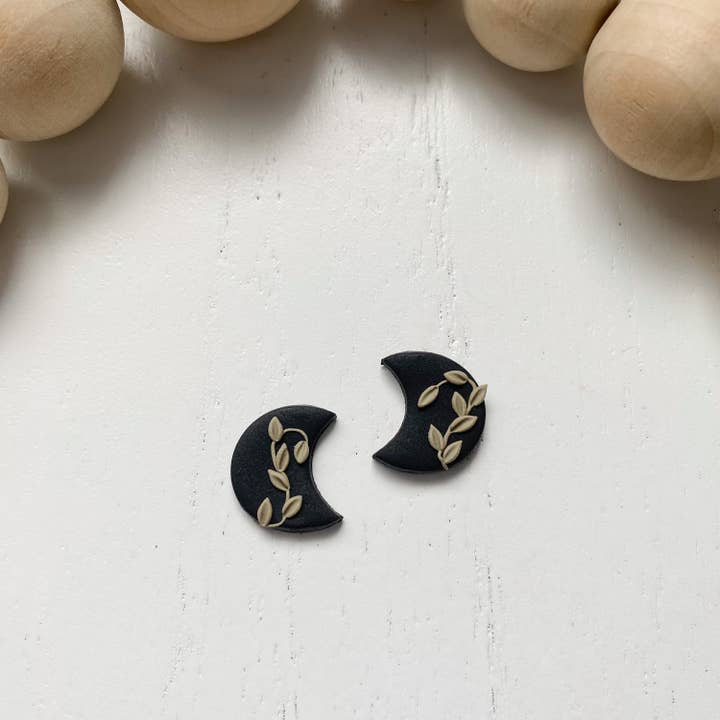 Amber Rae Studio - Wholesale Stud/Post Earrings - Leafy Moon Stud Earrings | Polymer Clay Earrings | Moon Stud Earrings | Leaf Moon Studs Black6