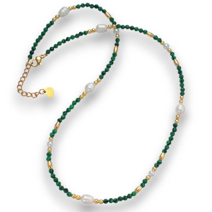 Green Malachite Beaded Necklace with Freshwater Pearl NC-21WA2587 for wholesale by Simply Jewels