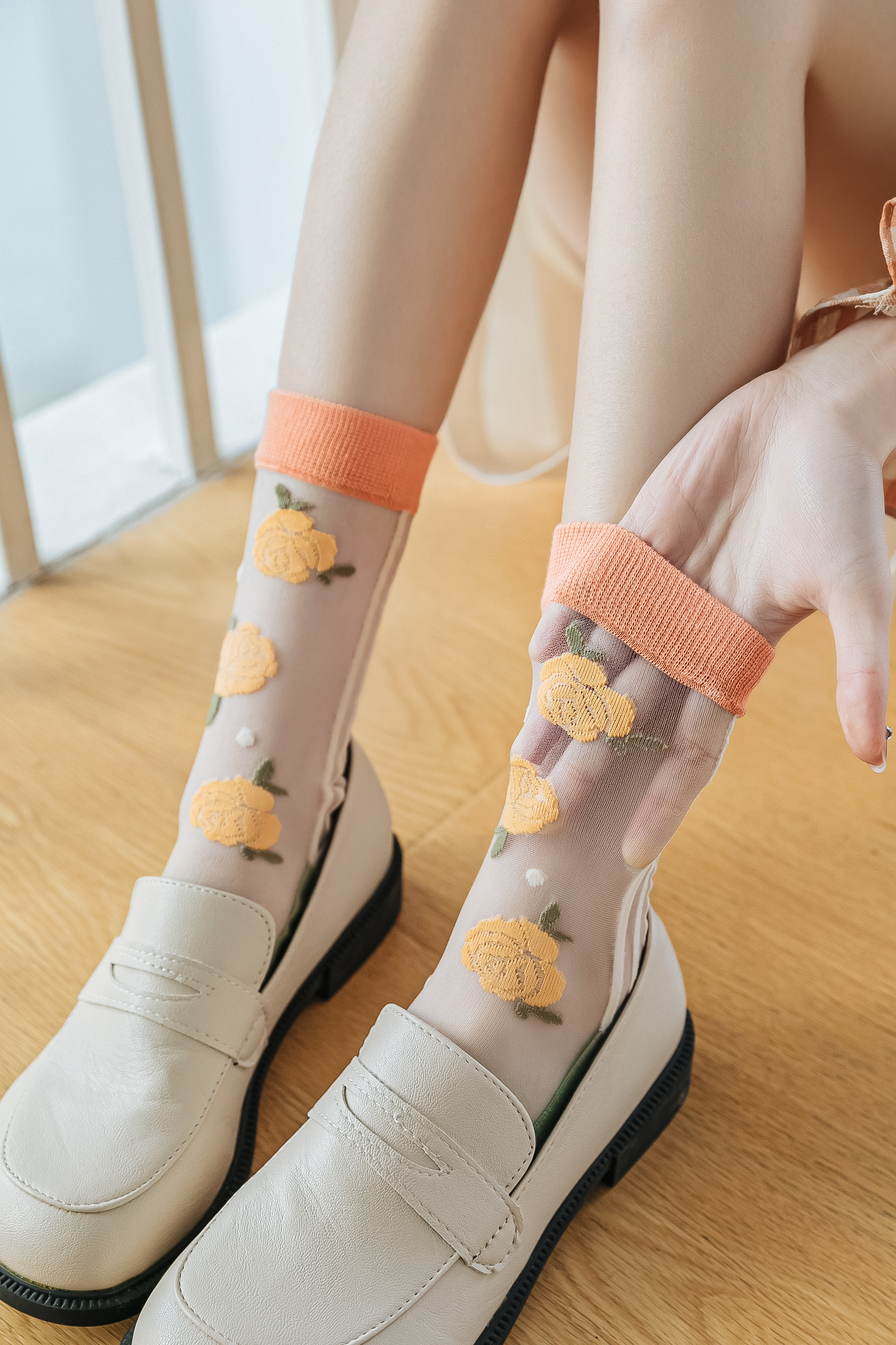 Orange 🧡🌼 Transparent Stockings with Embroidered Flowers 🌼 for wholesale on Faire1