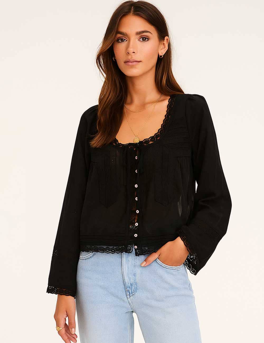 Sweetkama – wholesale Blouse – Women’s – Ladies U-Neck Lace Splice Hollow Out Blouse Top2