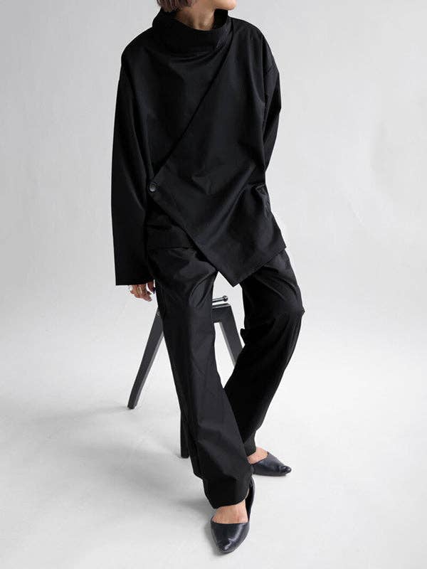 SORT Langærmet t-shirt med høj hals og løs pasform i ensfarvet design for engroshandel på Faire3