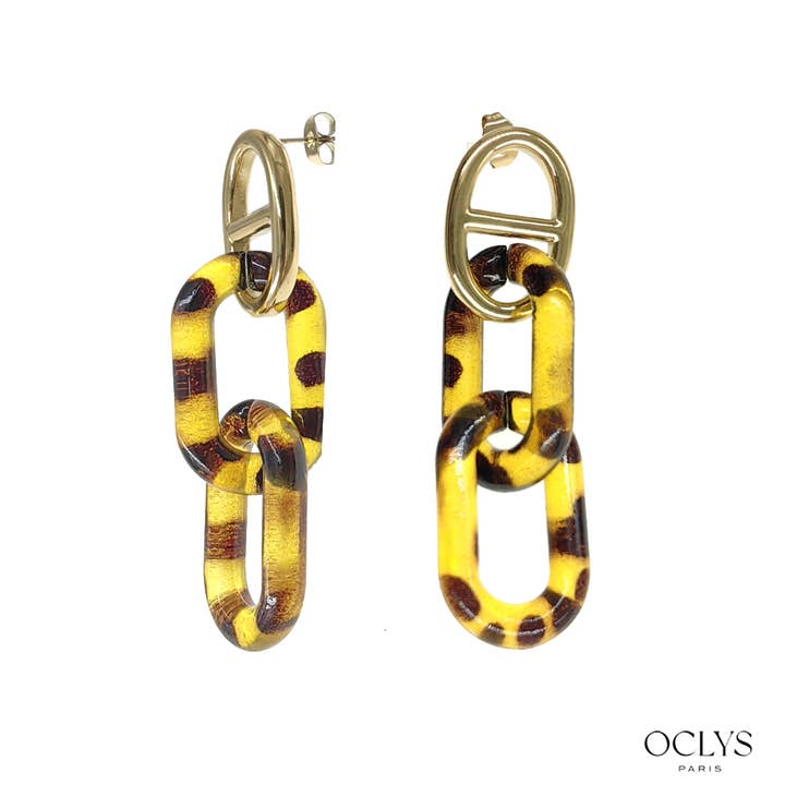 Oclys - Wholesale Dangle Earrings - Gold stainless steel earrings with leopard PVC Yna1