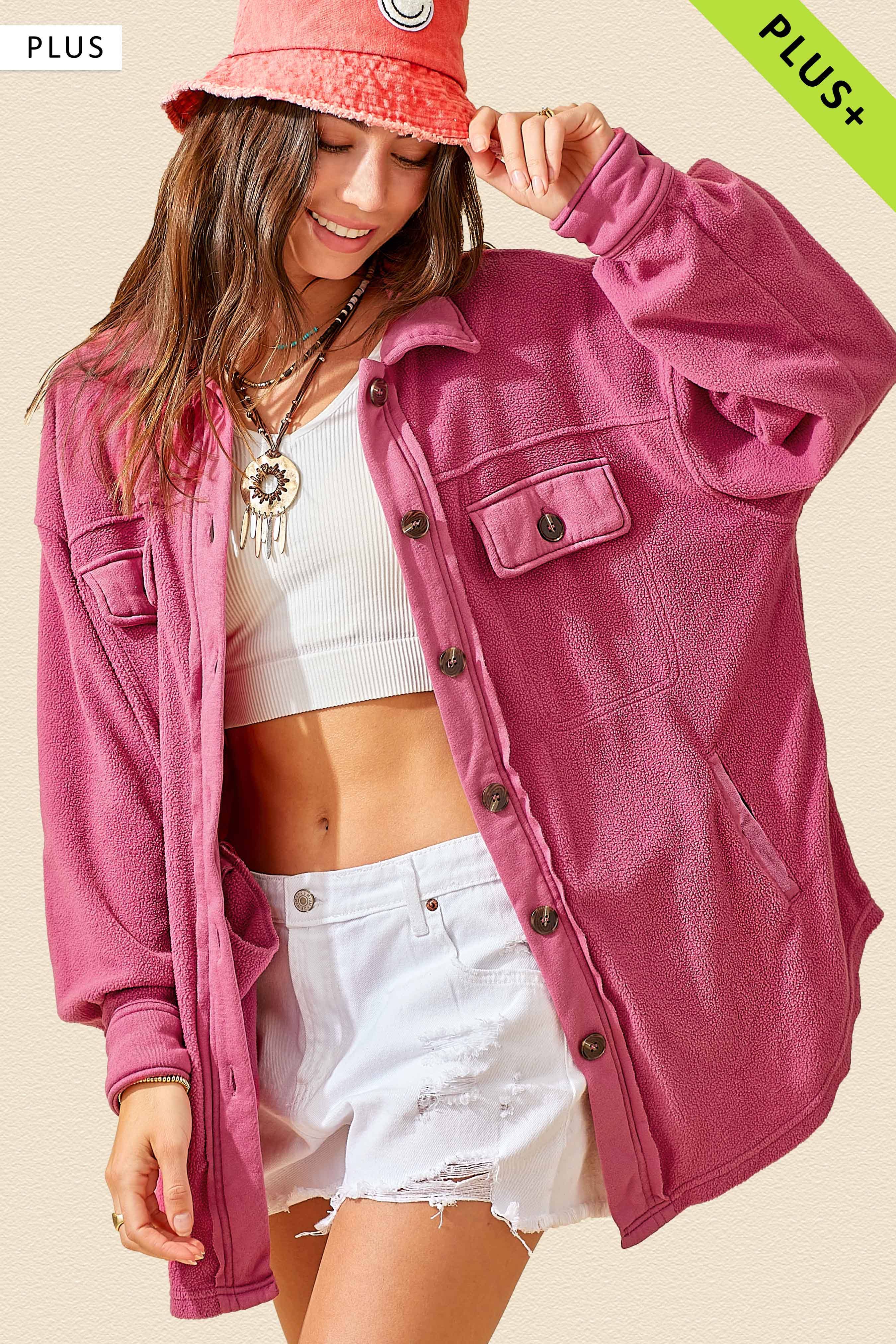 La Miel - Wholesale Shirt Jacket/Shacket - Women's - JKT1712P-Plus Size Loose Fit Button Down Fleece Shacket5