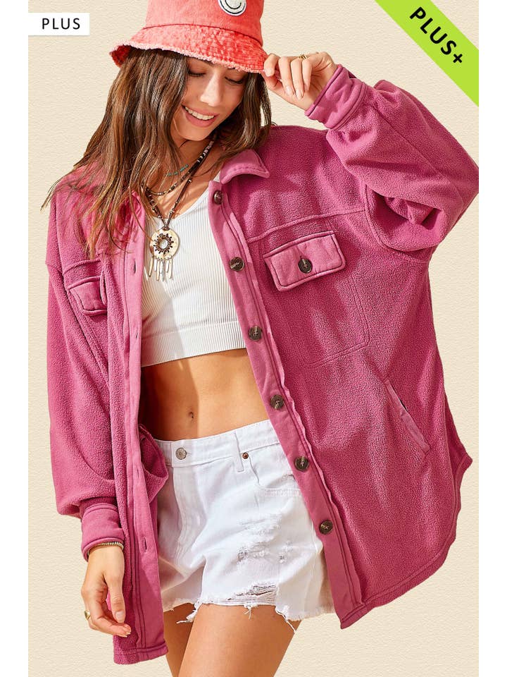 La Miel - Wholesale Shirt Jacket/Shacket - Women's - JKT1712P-Plus Size Loose Fit Button Down Fleece Shacket5
