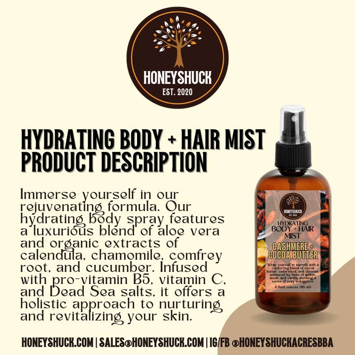 Honeyshuck Acres, LLC - Wholesale Face & Body Mist/Water - Body + Hair Mist | Hydrating Spray | 4 fl oz
