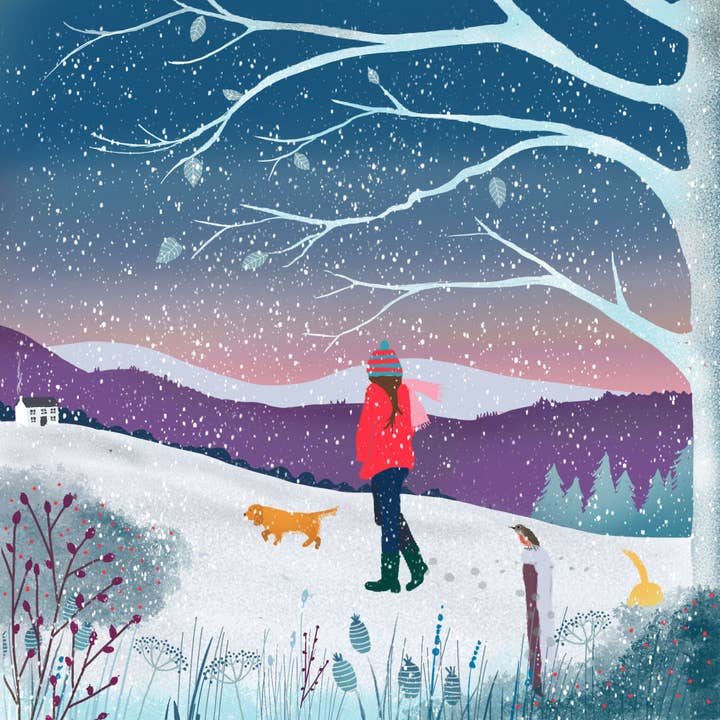 Galloway Arts - Wholesale Christmas Card - Snowy Hills, Galloway Winter Christmas Card. Made in Scotland. Featuring winter walks with dogs.