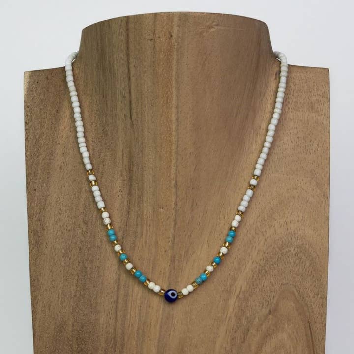 Pink House Imports - Wholesale Beaded/Pearl Necklace - Bali Glass Beads with Evil Eye Pull Necklace