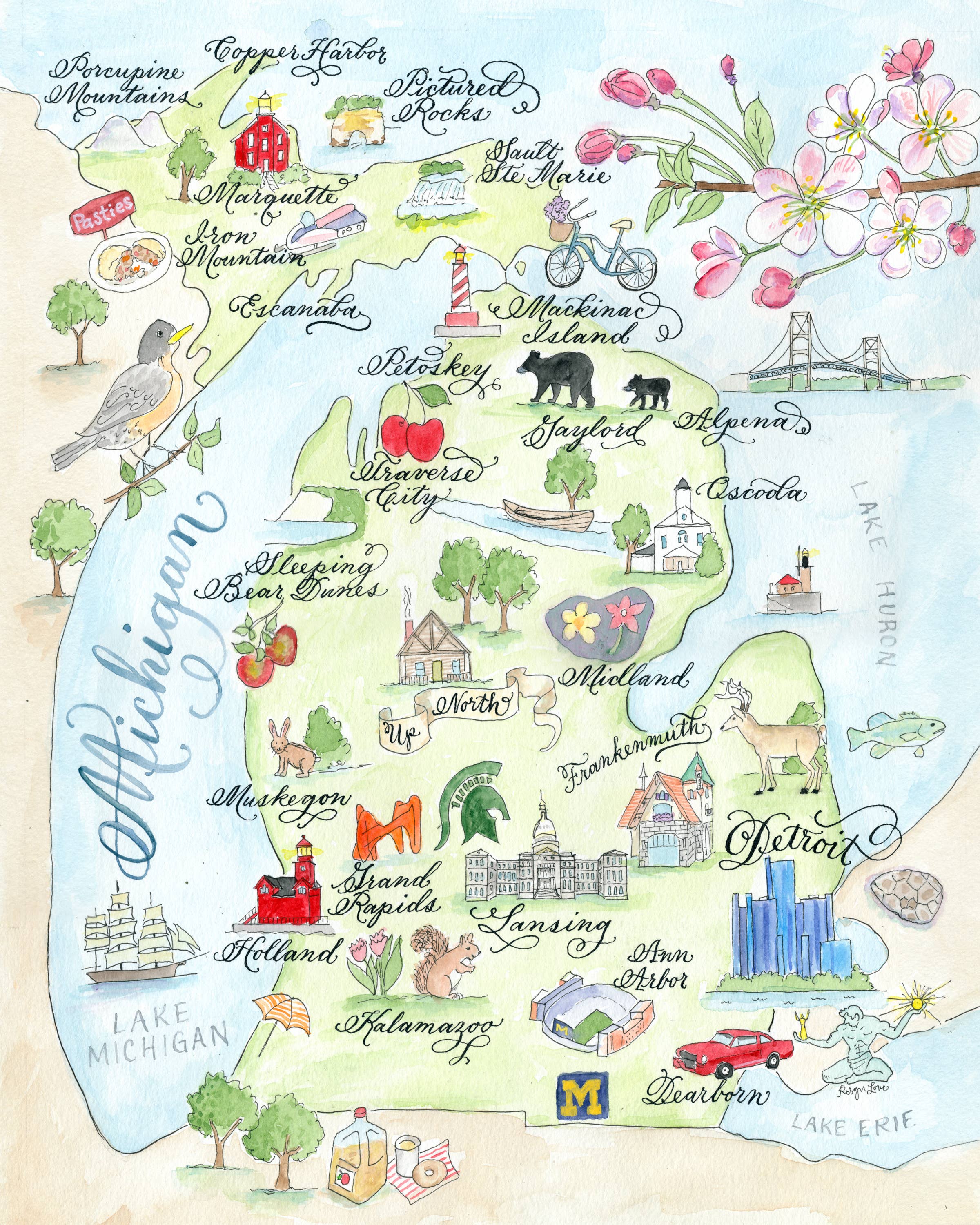 Designs by Robyn Love - Wholesale Art Print - Michigan Map Print1