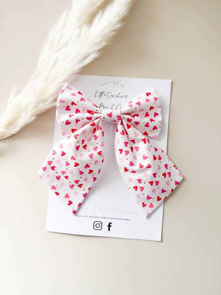 White Mini Pink Hearts Valentines Day Sailor Bow for wholesale by Little Sunshines Bow & Co