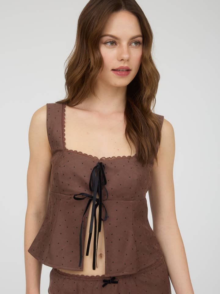 POLKA DOT FRONT VELVET TIE LACE TRIM TOP for wholesale by The Workshop Studio