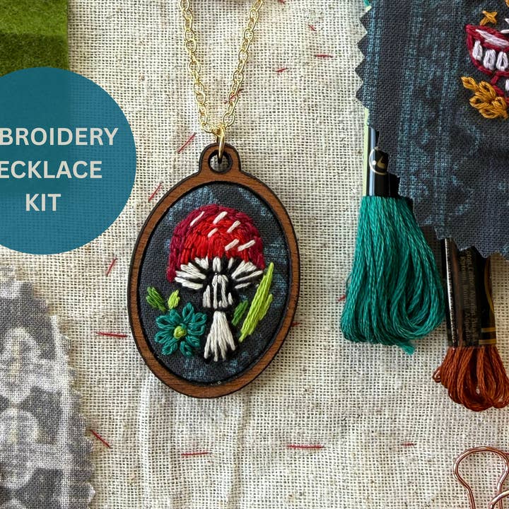 Mushroom Embroidery Necklace Kit for wholesale by Rikrack